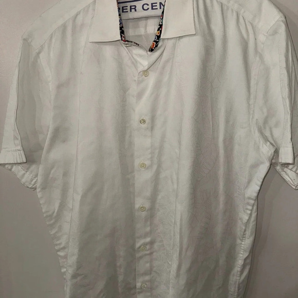 Bugatchi Shaped Fit Short Sleeve Shirt Large - white leaves stitching - Picture 4 of 12